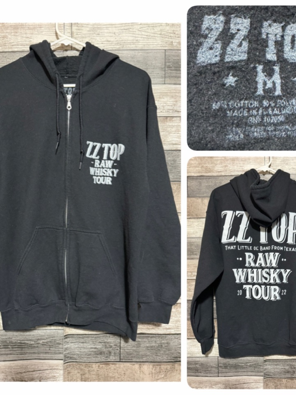ZZ Top Raw Whiskey Tour 2022 Full Zip Hoodie Sweatshirt Size M Black Fleece